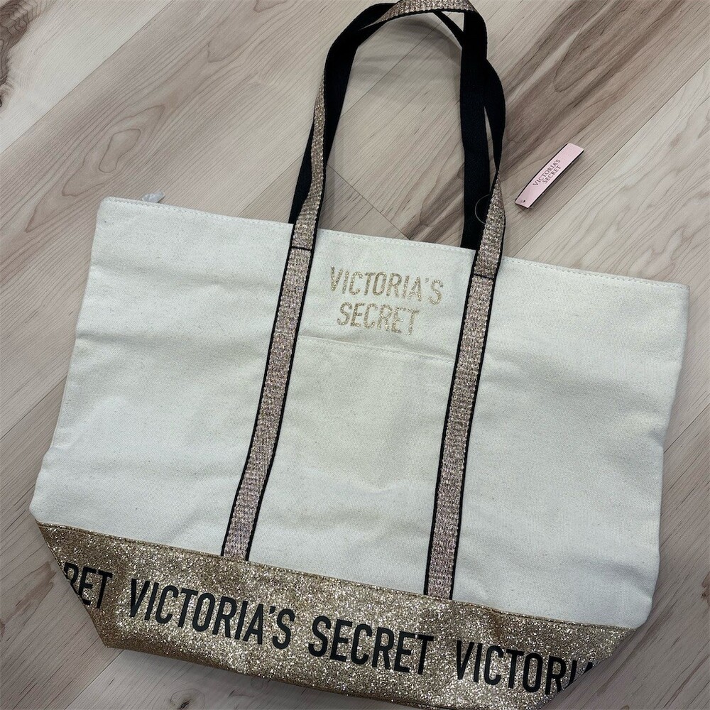 Victoria's Secret Weekender Tote Bag Womens Large Cream/Ivory Gold